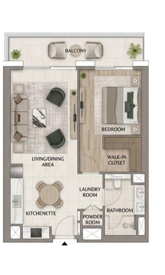 Parkland 1-bedroom apartment layout floorplan in Dubai Hills Estate showing 815 square foot configuration with living, kitchen, bedroom and balcony zones — Distress Deal