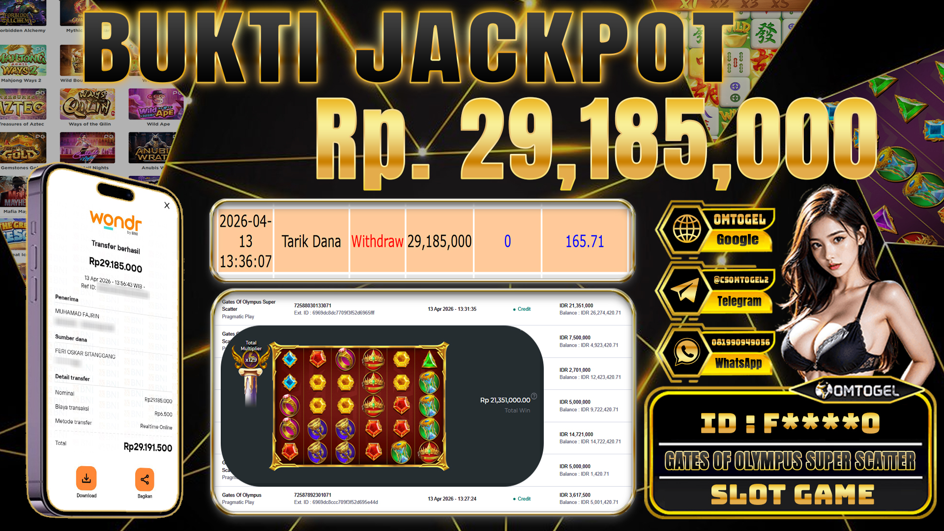 OMTOGEL JACKPOT PRAGMATIC PLAY GATES OF OLYMPUS SUPER SCATTER , 29 JUTA DI BAYAR LUNAS ,-