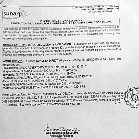 SE INSCRIBE EN SUNARP ASOCIACIÓN DE EGRESADOS Y GRADUADOS DE USP
