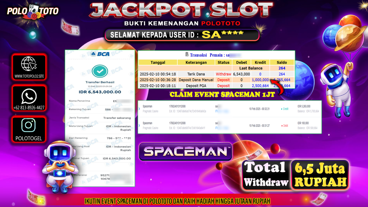 POLOTOTO JACKPOT SLOT SPACEMAN Rp.6,543.000,- 