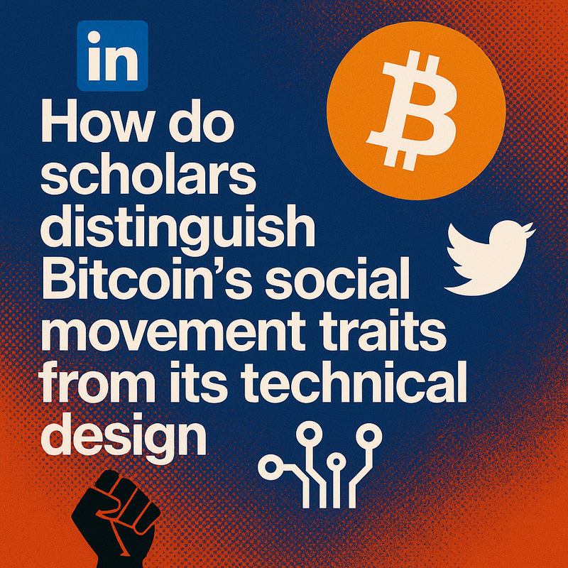 How do scholars distinguish Bitcoin’s social movement traits from its technical design
