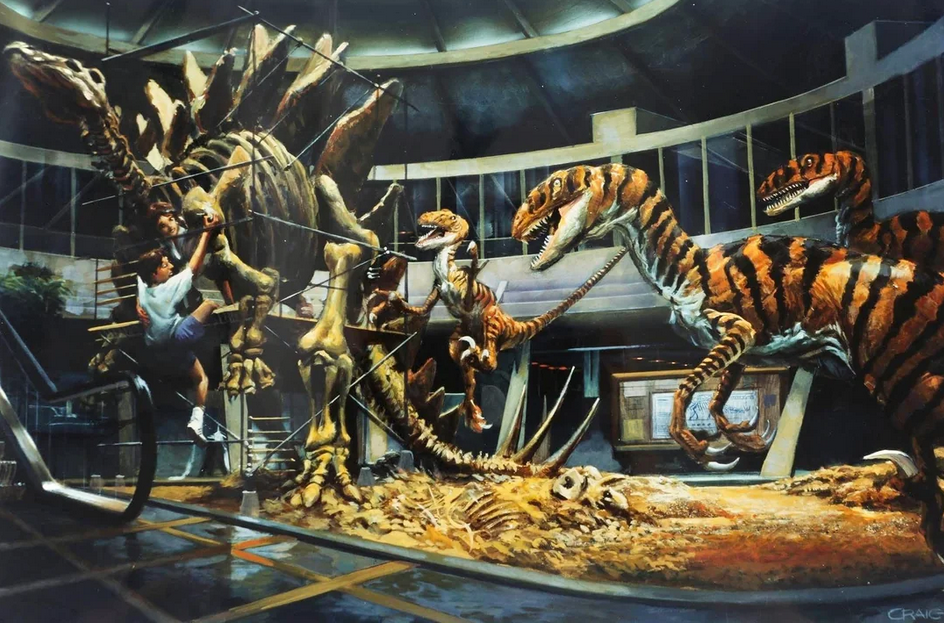 With a <a href='https://skeletron8000.neocities.org/Mesozoic/Stegosaurus'>Stegosaurus</a> skeleton instead of a <a href='https://skeletron8000.neocities.org/Mesozoic/Tyrannosaurus'>Tyrannosaurus</a> skeleton fighting with a Sauropod skeleton. Intrestingly this art has tiger striped <a href='https://skeletron8000.neocities.org/Mesozoic/Velociraptor'>Velociraptors</a> like in the Lost world