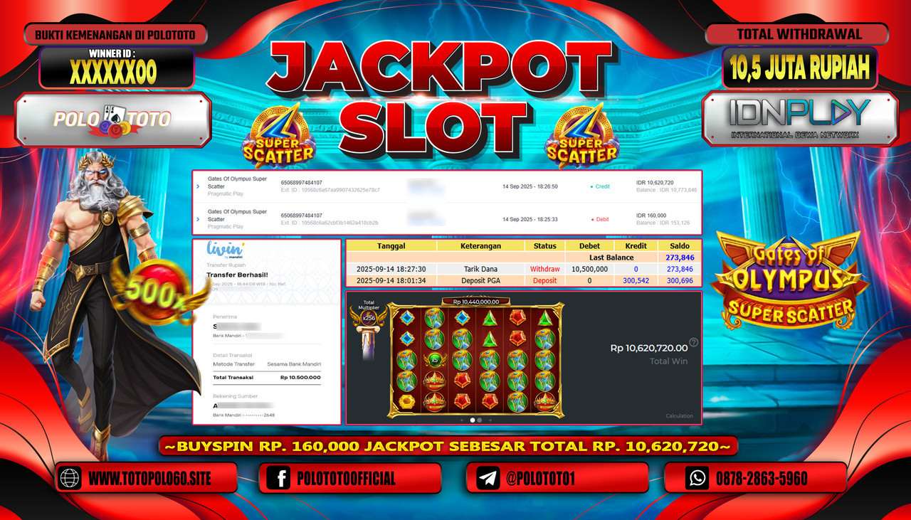 POLOTOTO JACKPOT SLOT GATES OF OLYMPUS SUPER SCATTER Rp.10.500.000,-LUNAS