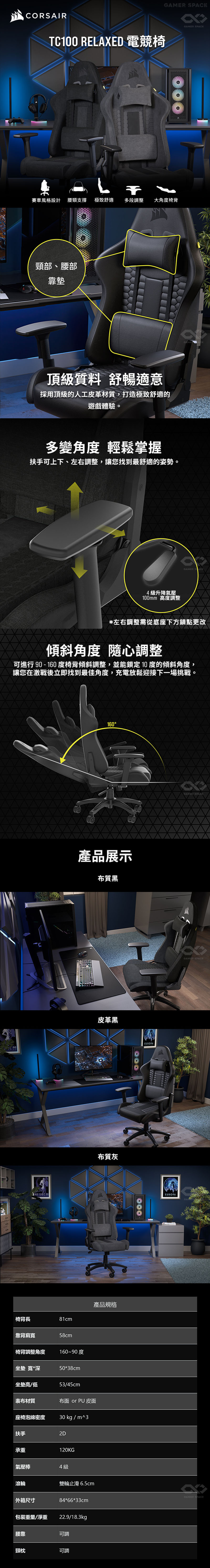 CORSAIRTC100 RELAXED 電競椅 SP賽車風格設計 腰頸支撐 極致舒適 多段調整大角度椅背頸部、腰部靠墊頂質料 舒暢適意採用頂級的人工皮革材質,打造極致舒適的遊戲體驗。多變角度 輕鬆掌握扶手可上下、左右調整,讓您找到最舒適的姿勢。4級升降氣壓100mm 高度調整GAMER SPACE ACEGAMER *左右調整需從底座下方鎖點更改傾斜角度 隨心調整可進行 90-160度椅背傾斜調整,並能鎖定10度的傾斜角度,讓您在激戰後立即找到最佳角度,充電放鬆迎接下一場挑戰。160產品展示布質黑椅背長81cm靠背肩寬58cm椅背調整角度160~90度坐墊 寬*深50*38cm坐墊高/低53/45cm表布材質布面 or PU 皮面座椅泡綿密度 30 kg / m^3扶手2D承重120KG氣壓棒4 級滾輪外箱尺寸雙輪止滑 6.5cm84*66*33cm包裝重量/淨重 22.9/18.3kg腰靠可調頸枕可調皮革黑布質灰產品規格EUROPAEUROPAGAMER GAMER SPACEGAMER SPACE