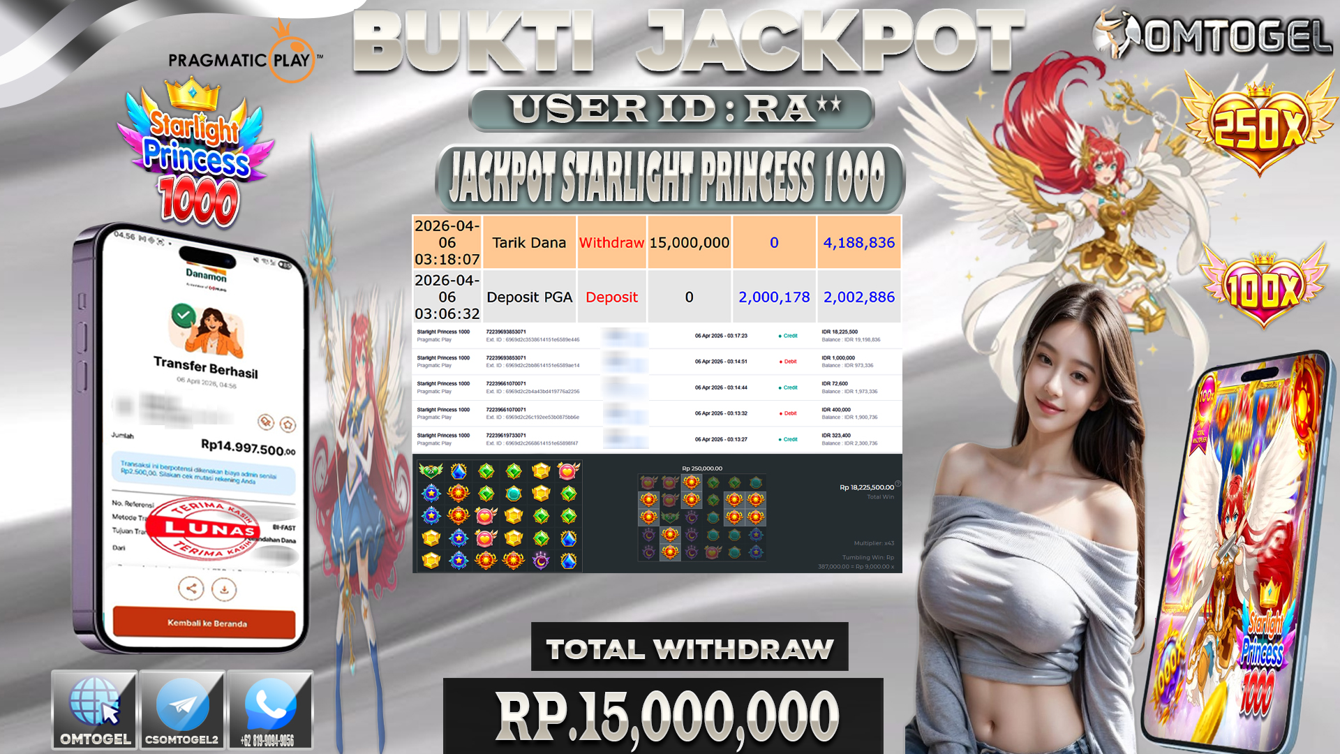 OMTOGEL JACKPOT PRAGMATIC PLAY STARLIGH PRINCESS 1000, 15 JUTA DI BAYAR LUNAS ,-