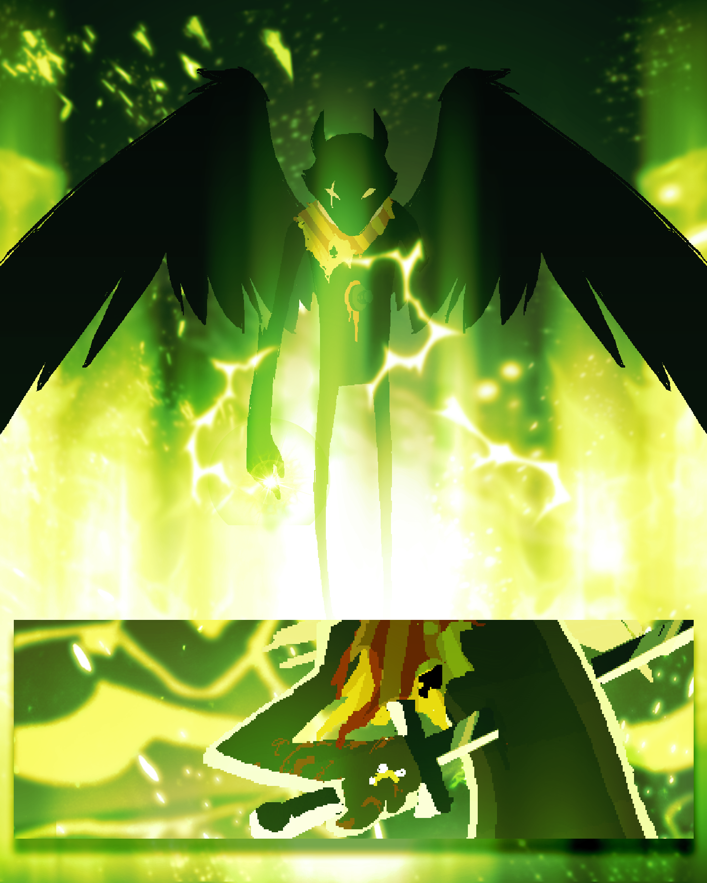 Panel 1: Jack (Bec) Noir is surrounded by green flame in a nondescript background, emitting electricity. The Ring is glowing. Panel 2: Jack grabs ahold of his blade, which is still embedded in his chest, so that he can pull it out. The background has large amounts of difficult-to-describe green effects.