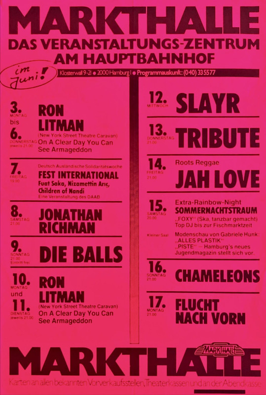 Jonathan Richman Slayr Flucht nach vorn Konzertplakat Concert Poster Juni 1985 Markthalle Hamburg 13