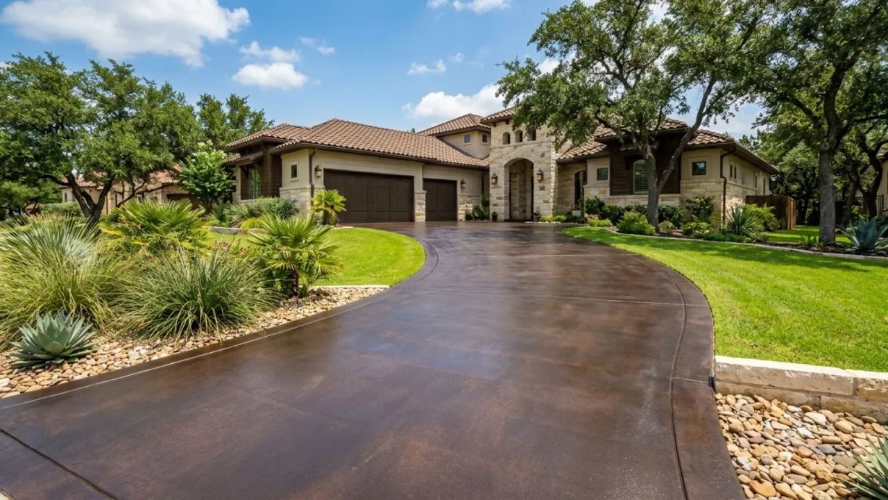 Well-maintained stained concrete driveway in San Antonio Bexar County showing even color and sealed finish after five years