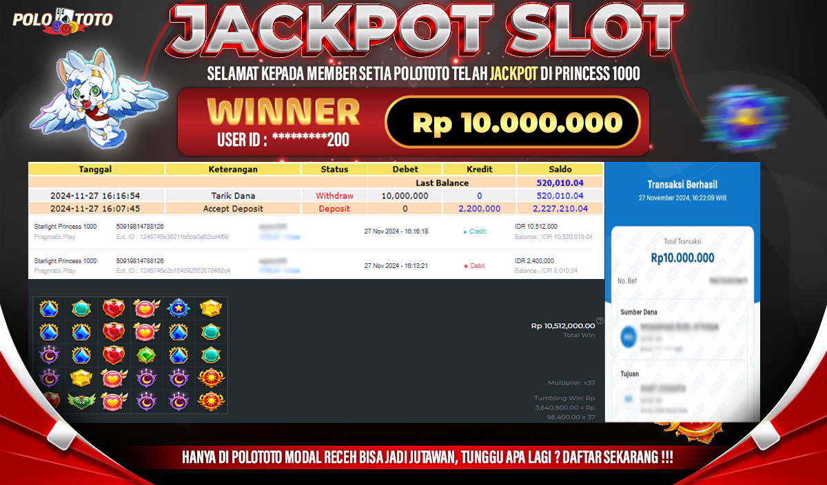 POLOTOTO JACKPOT SLOT STARLIGHT PRINCESS 1000 Rp.10,000.000,-
