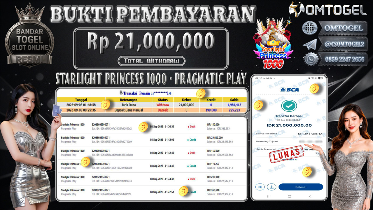 OMTOGEL JACKPOT PRAGMATIC PLAY STARLIGHT PRINCESS 1000 Rp.21,000,000,- DIBAYAR LUNAS