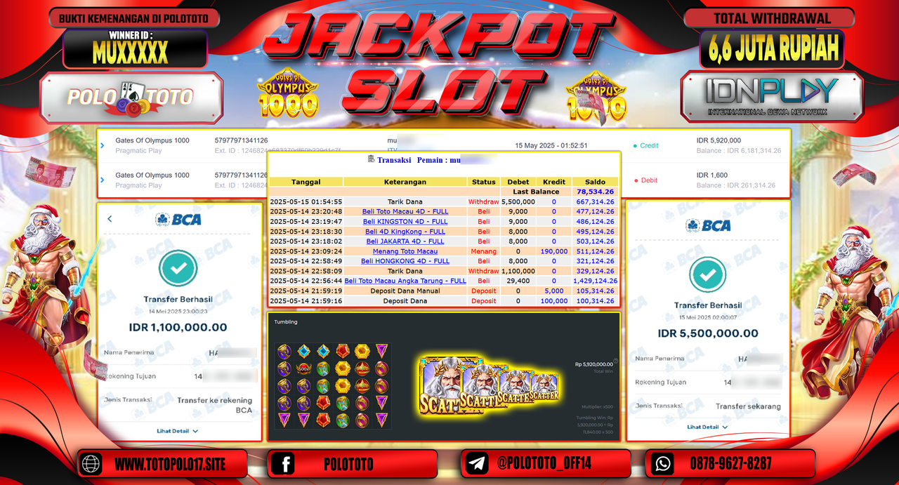 POLOTOTO JACKPOT SLOT GATES OF OLYMPUS 1000 Rp.6.600.000,-