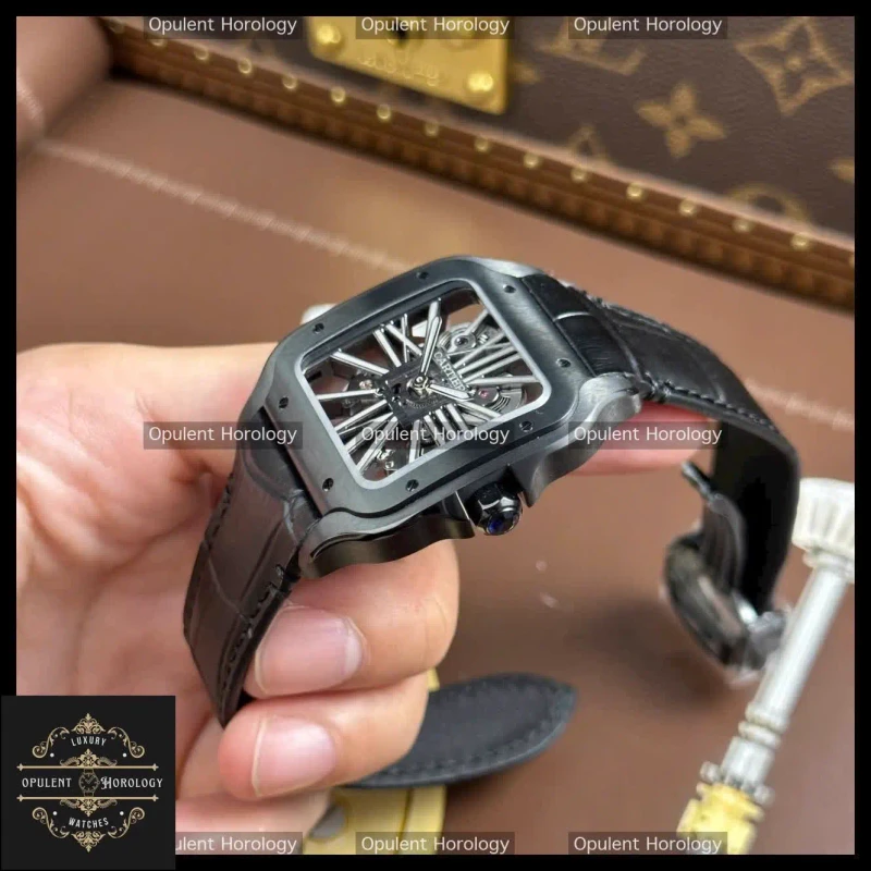 Cartier Santos Skeleton Watch 39.8mm | Black Leather Strap - Super Clone