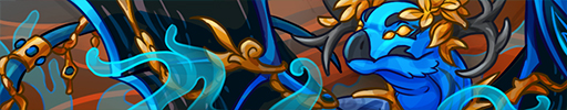 An illustration of a blue Fire Flight Mirror dragon with black antlers and black wings, wearing gold jewelry. Blue fire is along the bottom of the picture, and the backdrop is of the Ashfall Waste. Links to progen.