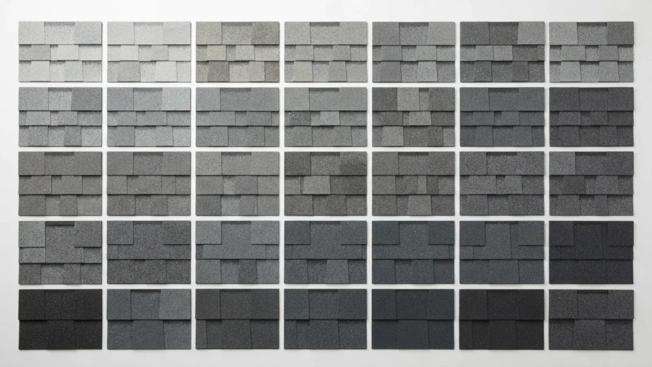 Variety of asphalt roof shingle color samples ranging from light gray to dark charcoal