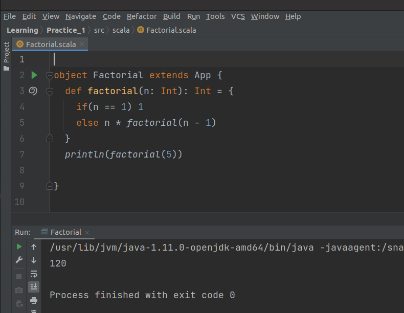 Factorial code using recursion