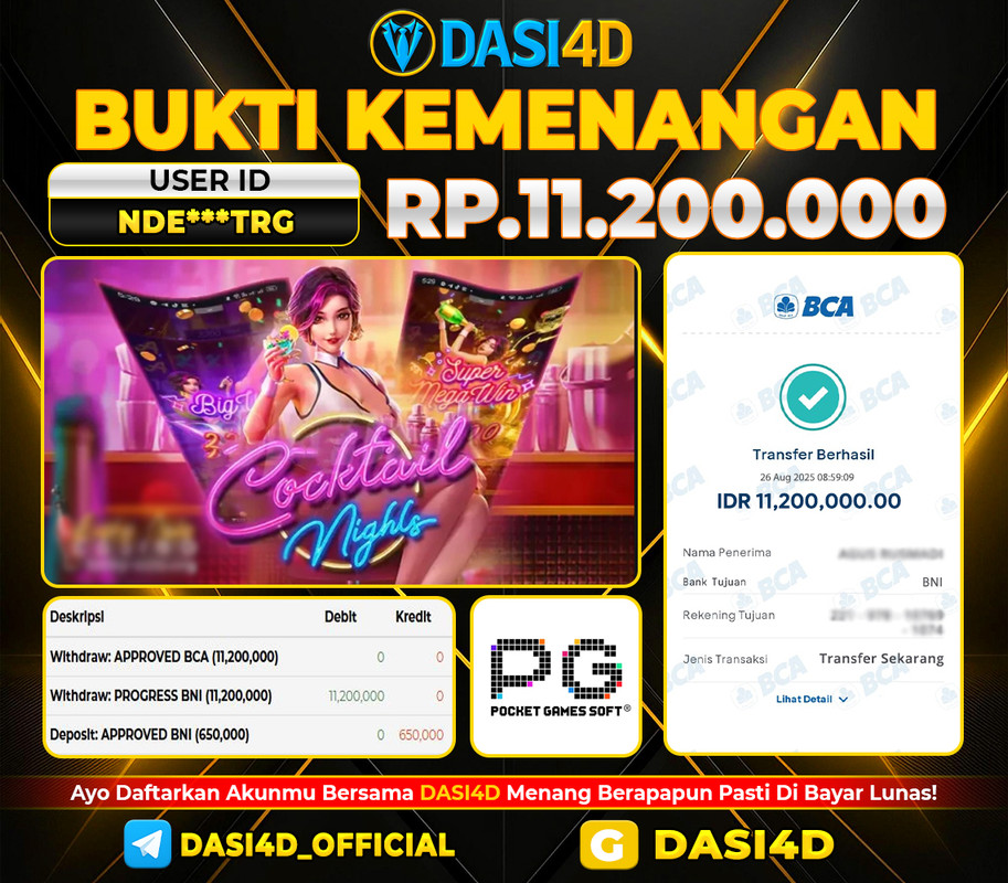 BUKTI KEMENANGAN 26 AGUSTUS 2025 DI  COCKTAIL NIGHTS  WD RP. 11.200.000