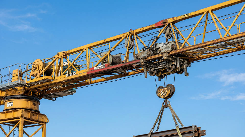 Балочная стрела крана серии TDK с грузовой кареткой, вид снизу, технические особенности конструкции без оголовка для стесненных условий стройплощадки