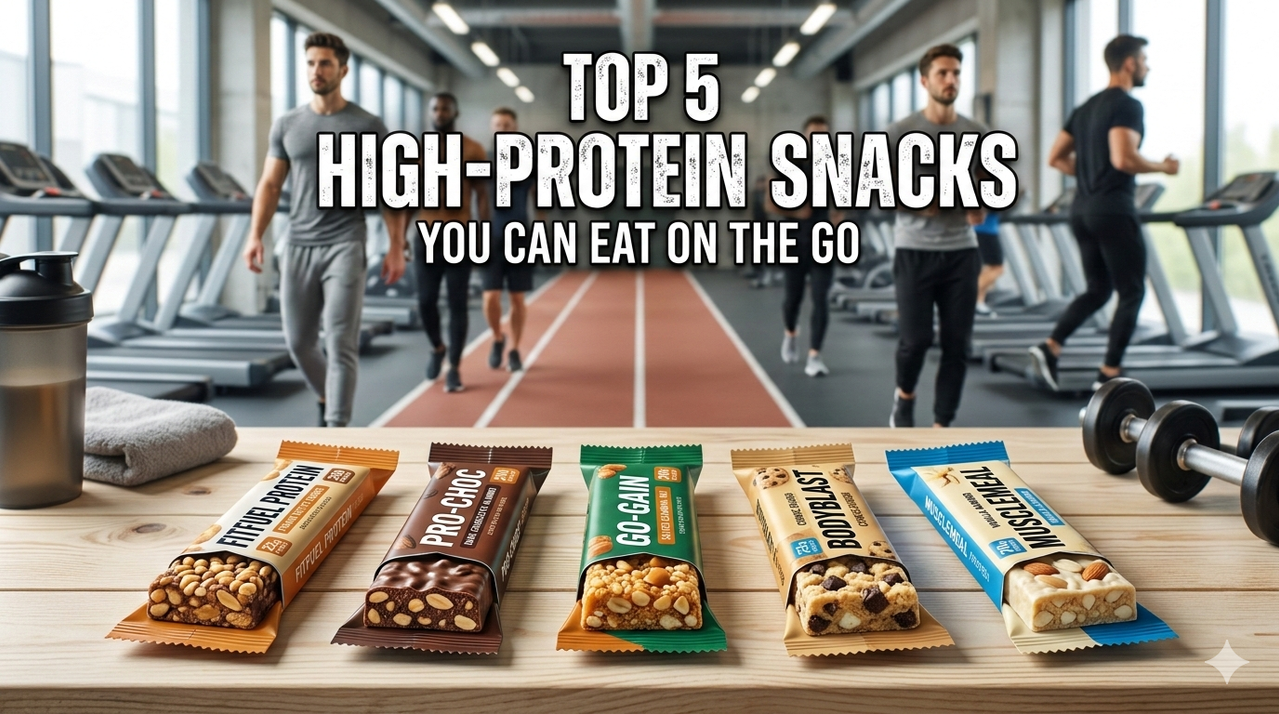 Assortment of high-quality protein bars for top 5 high-protein snacks you can eat on the go