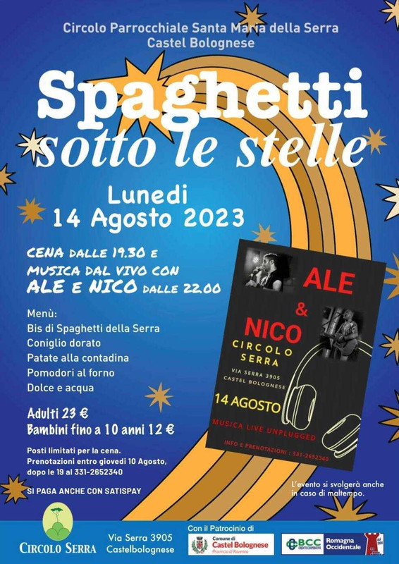 Spaghetti sotto le Stelle, Lunedì 14 agosto al Circolo Santa Maria della Serra