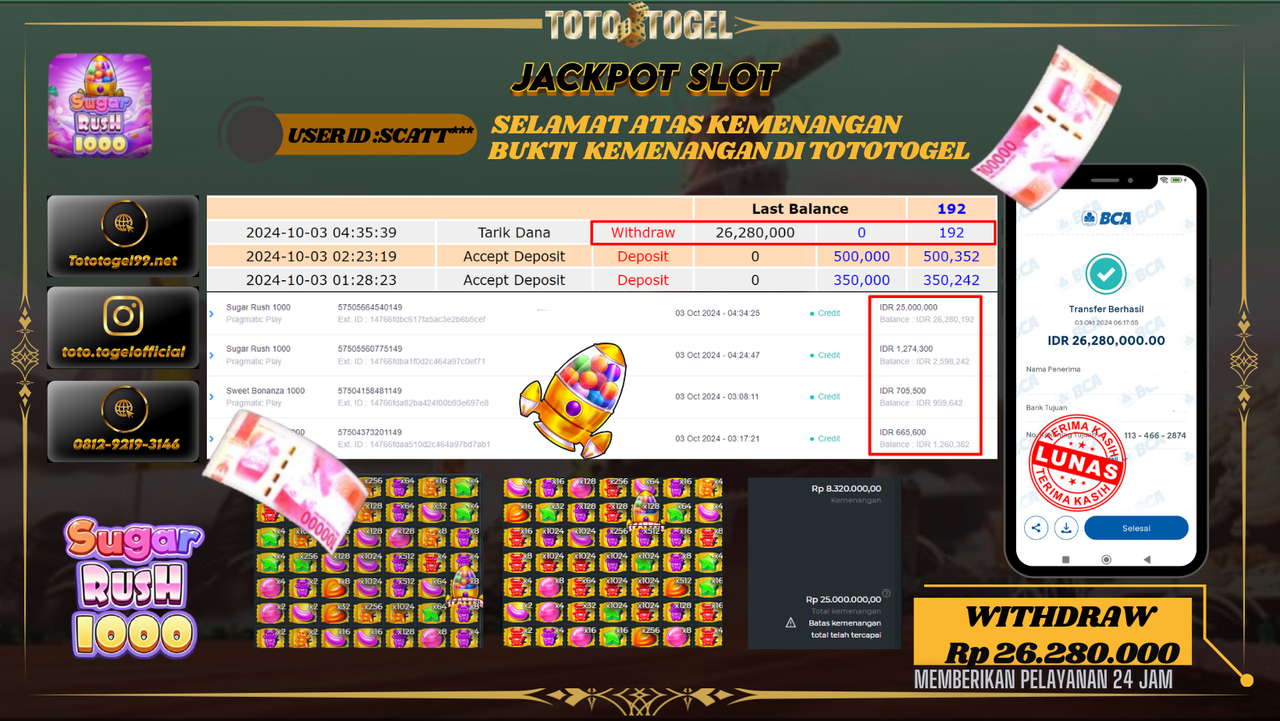 Bukti Kemenangan Permainan Slot Sugar Rush 1000  ID : SCATT** Terbayar Lunas!!