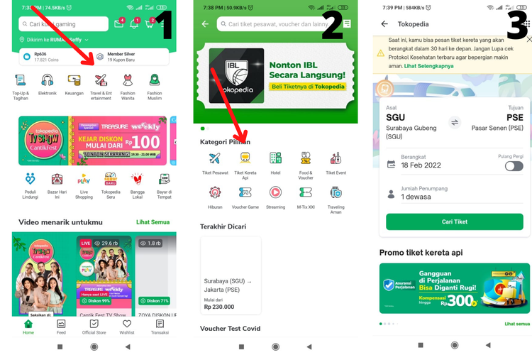 Ilustrasi pembelian tket kereta api di aplikasi Tokopedia.