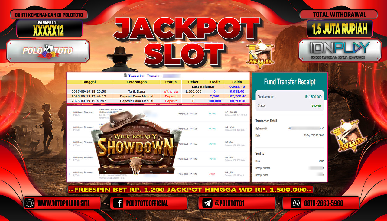 POLOTOTO JACKPOT SLOT WILD BOUNTY SHOWDOWN Rp.1.500.000,- LUNAS