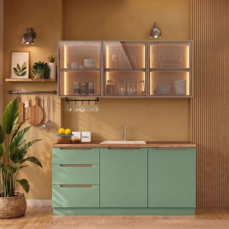 Hera 180 cm Mutfak Dolabı Seti %100 MDF Ledli Çekmeceli Lavabolu Raflı Mutfak Dolabı Takımı 6 Modül Tezgah Dahil Yeşil Bej