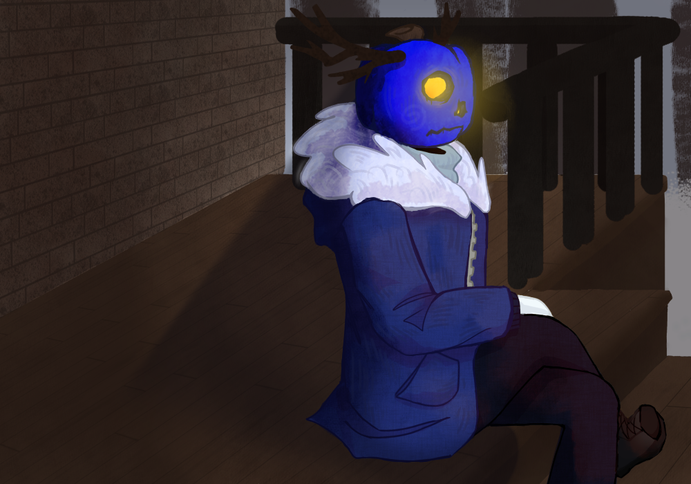 Dusekkar sitting on porch steps looking ahead.