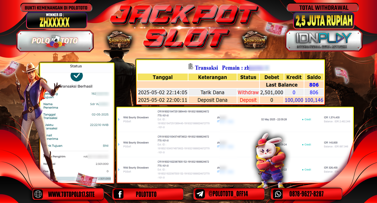 POLOTOTO JACKPOT SLOT WILD BOUNTY SHOWDOWN Rp.2.501.000,-
