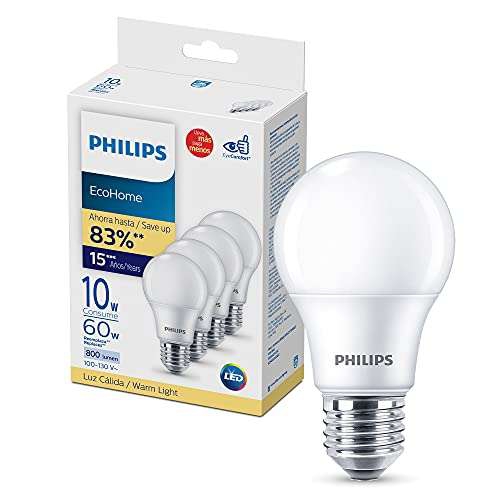 Amazon: Philips LED 4 Focos EcoHome luz cálida 10 watts 
