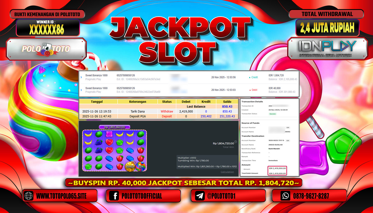 POLOTOTO JACKPOT SLOT SWEET BONANZA 1000 Rp.2.400.000,- LUNAS