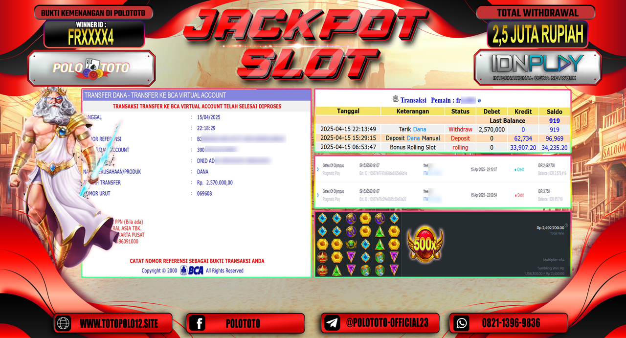 POLOTOTO JACKPOT SLOT GATES OF OLYMPUS Rp.2.570.000,-