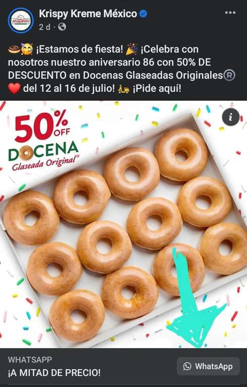 Krispy Kream 50% docena glaseada original o fresa pidiendo por WhatsApp (15 y 16 jul) 
