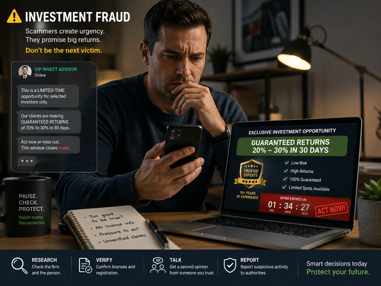 Investment fraud warning showing urgent messages from a fake investment adviser