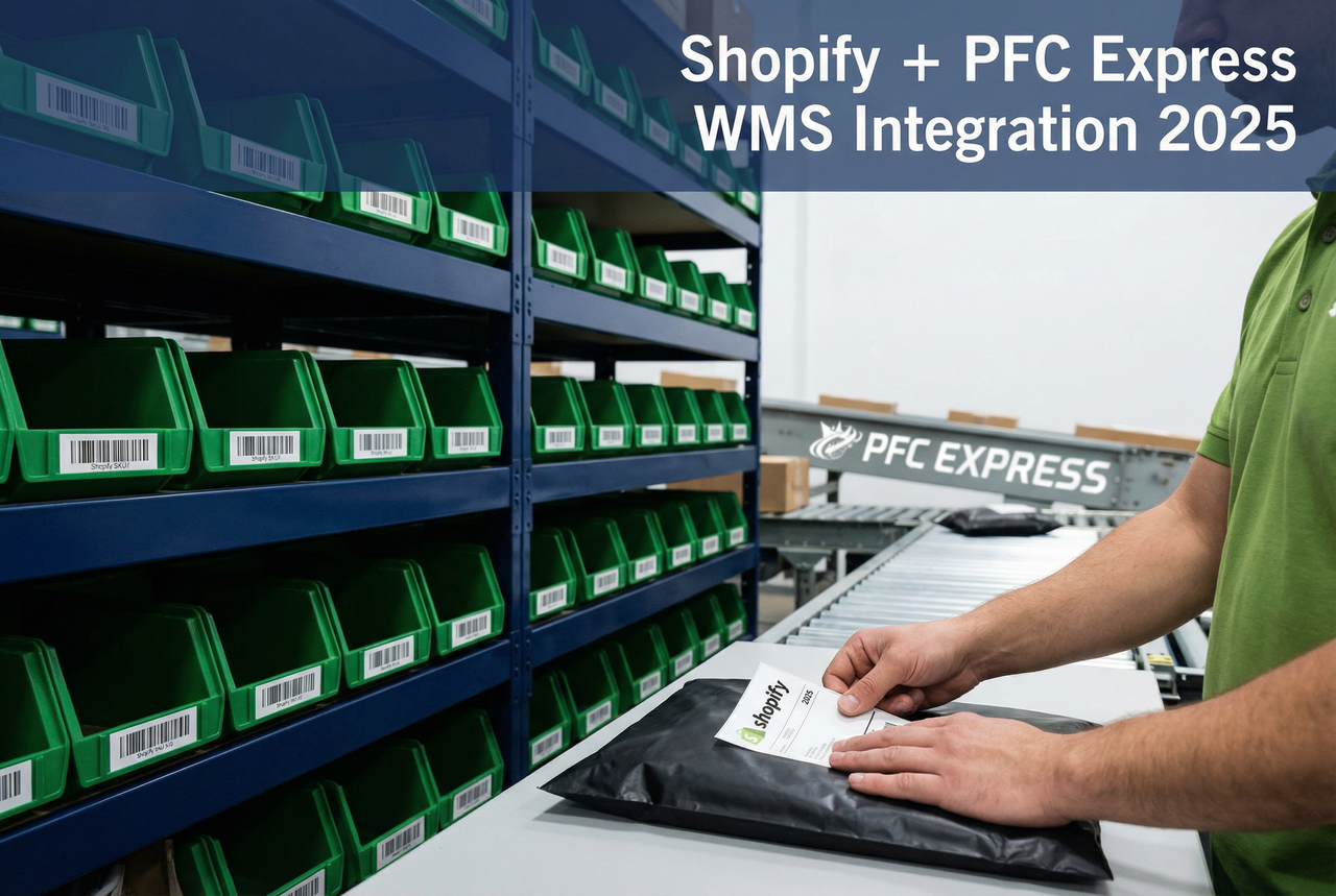 Fulfillment centre worker applying Shopify branded shipping label to premium matte black polymailer package - professional order processing