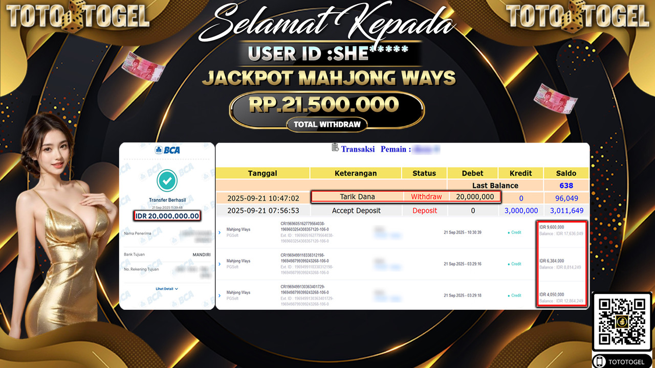 Bukti Pembayaran Jackpot Permainan Slot Mahjong Ways ID:SHE*** LUNAS