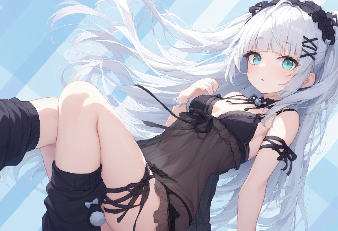 1girl, striped background, aqua eyes, long hair, hime cut, white hair, short ban s-2494882529