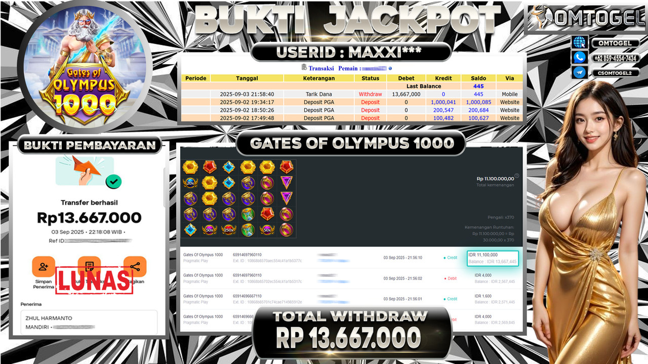 OMTOGEL JACKPOT PRAGMATIC PLAY GATES OF OLYMPUS 1000 13 JUTA DI BAYAR LUNAS ,-