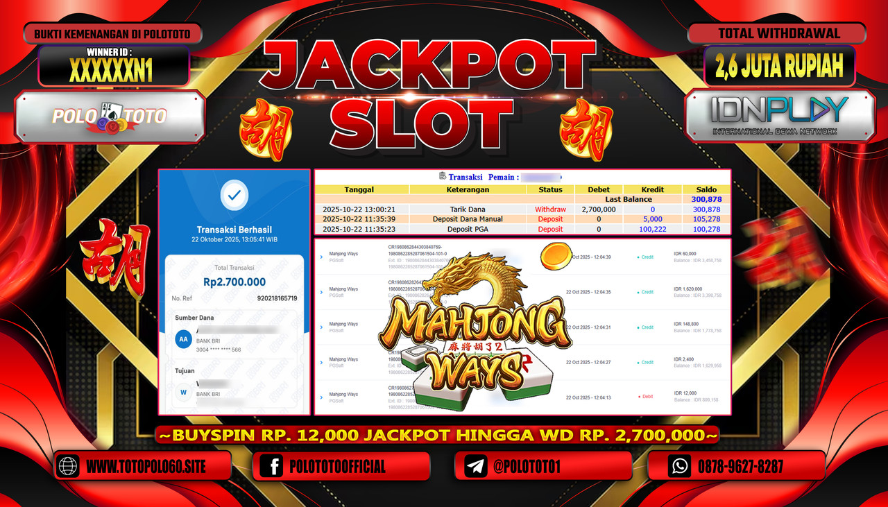 POLOTOTO JACKPOT SLOT MAHJONG WAYS Rp.2.600.000,- LUNAS