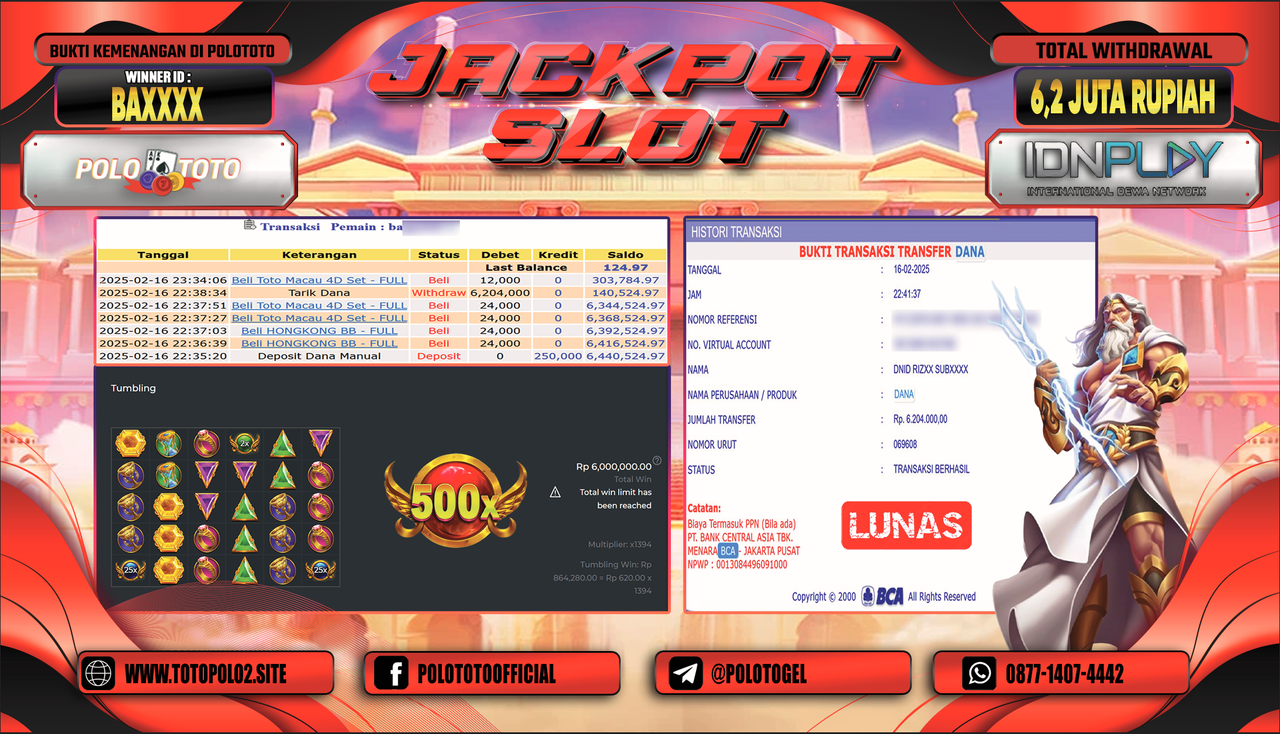 POLOTOTO JACKPOT SLOT GATES OF OLYMPUS 1000 Rp.6.204.000,-