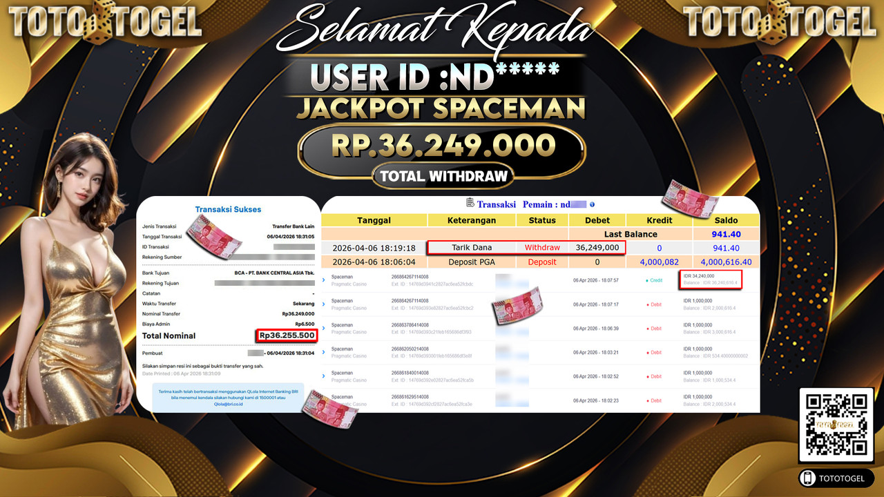 Bukti Pembayaran Jackpot Permainan Pragmatic Casino Spaceman ID:ND*****LUNAS