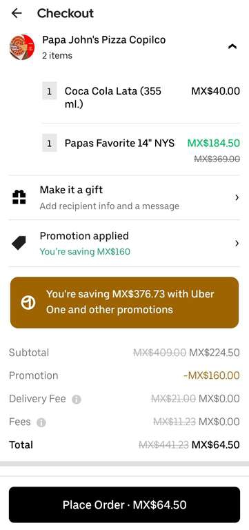 Uber Eats: Papa John's Copilco: Una pizza grande estilo Nueva York +1 refresco por 64$