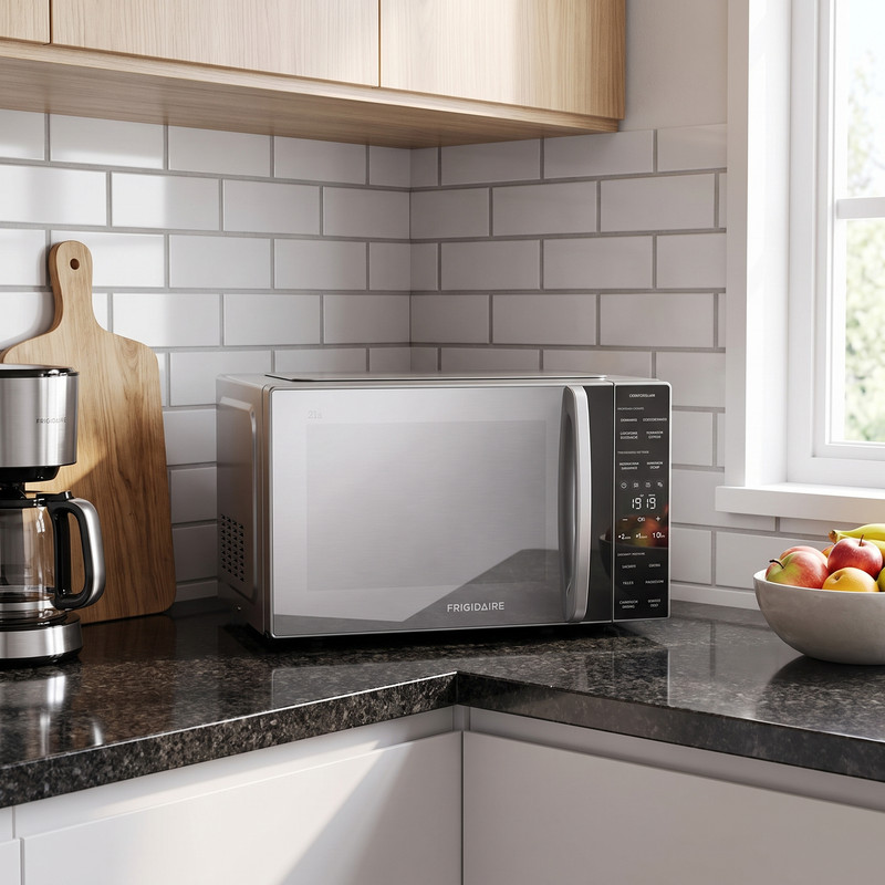 Microondas Frigidaire de 0.9 pies cúbicos color gris satinado con panel táctil
