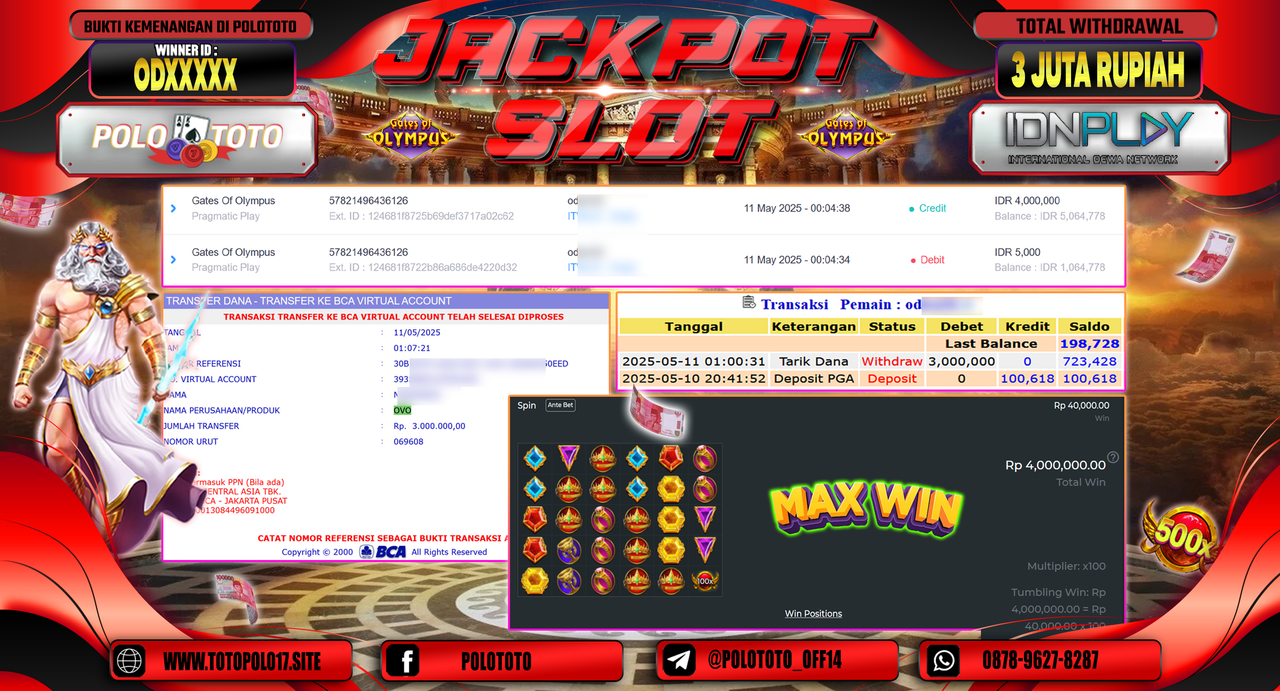 POLOTOTO JACKPOT SLOT GATES OF OLYMPUS Rp.3.000.000,-