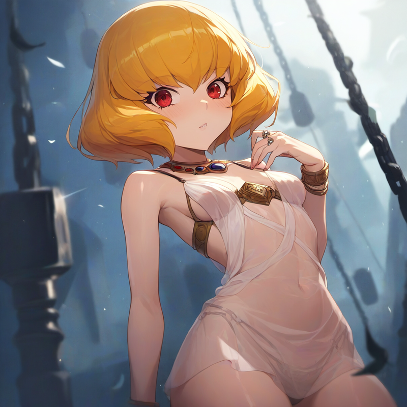 1girl, clementine, [[overlord]], blonde hair, short hair, red eyes, {{see-throug s-2279981315