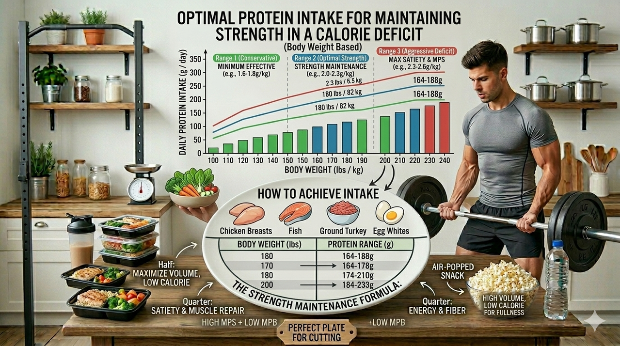 Chart showing optimal protein intake for maintaining strength while in a calorie deficit based on body weight
