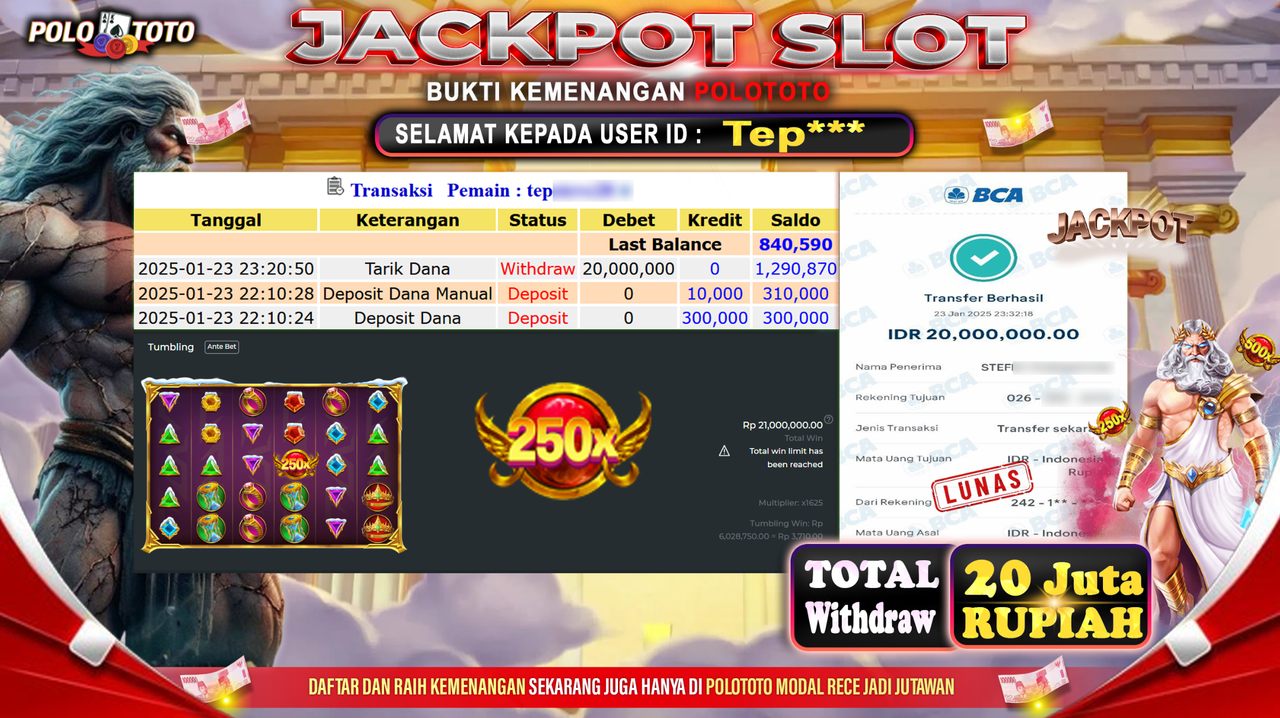 POLOTOTO JACKPOT SLOT GATES OF OLYMPUS 1000 Rp.20,000.000,-
