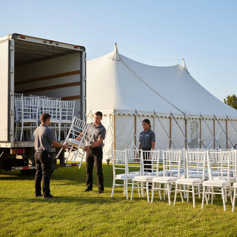 Процесс разгрузки и расстановки арендованных стульев перед началом торжественного мероприятия или конференции.
