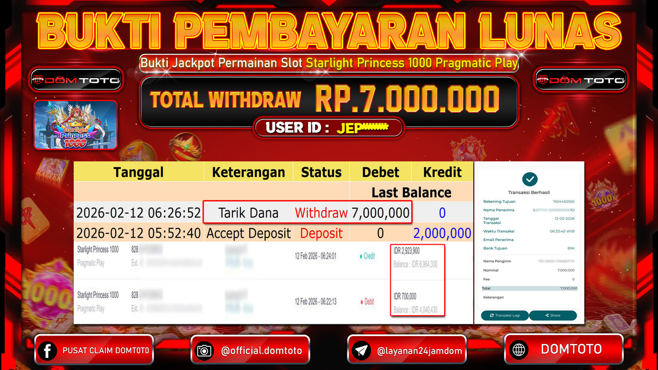 JACKPOT SLOT Menang Slot Starlight Princess 1000 Pragmatic Play 12 FEBRUARI 2026
