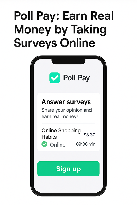 Earn real money with Poll Pay app by completing paid surveys Poll Pay app interface showing survey rewards and earnings
